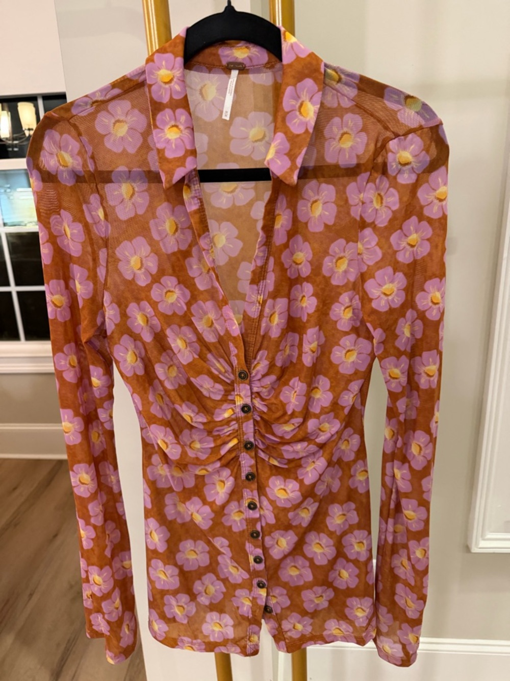 Free People Floral Ruched Button-Front Top - Rust & Pink - Picture 2 of 6